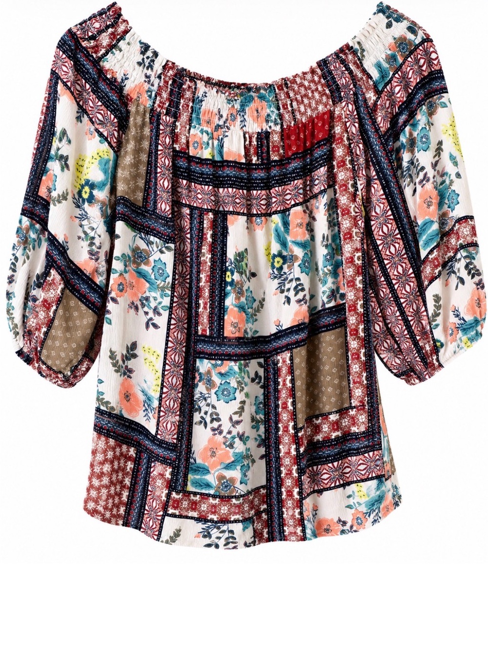 New York & Company Multi-Color Boho Floral Patchwork Off-Shoulder Blouse